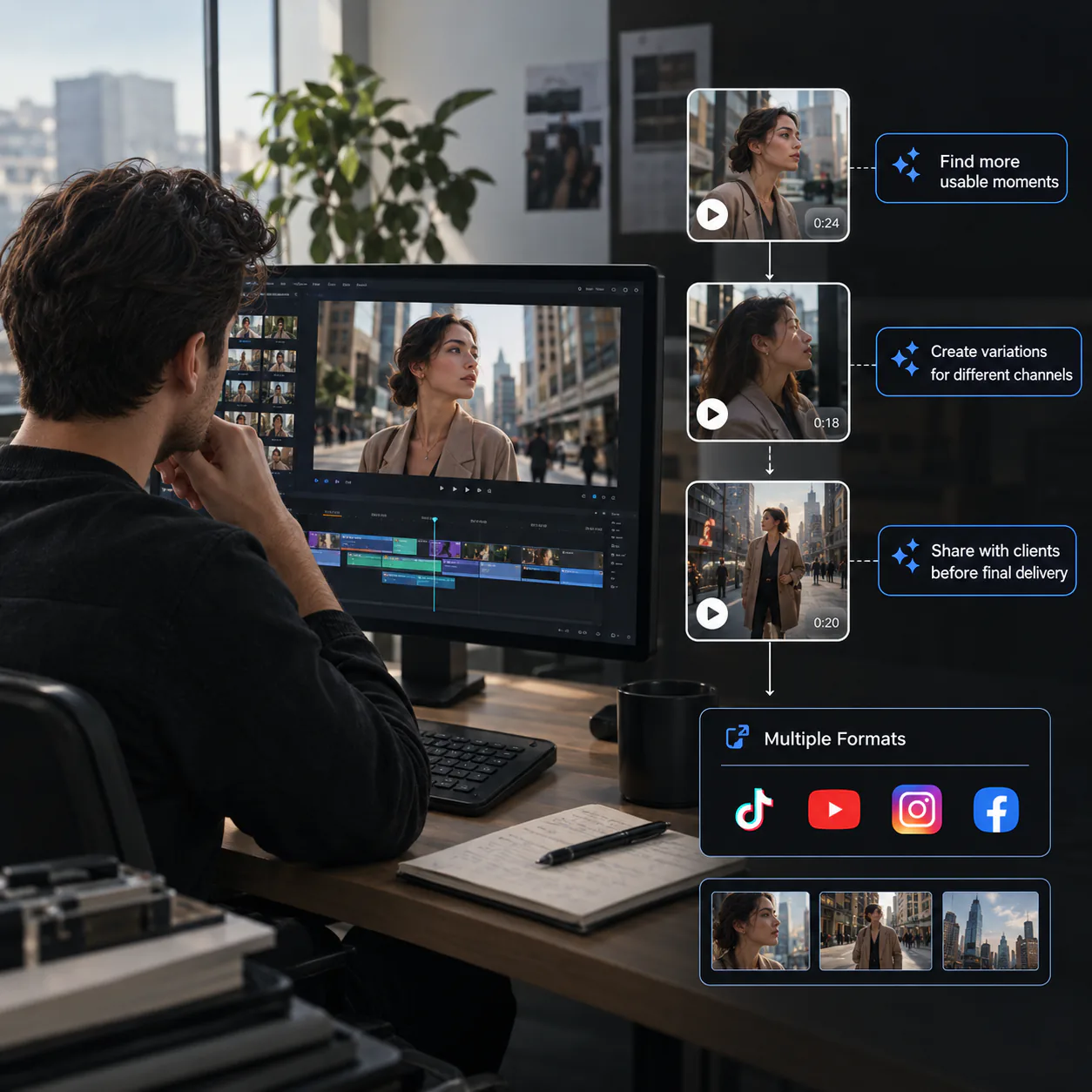 Agency team preparing multiple client-ready video clips