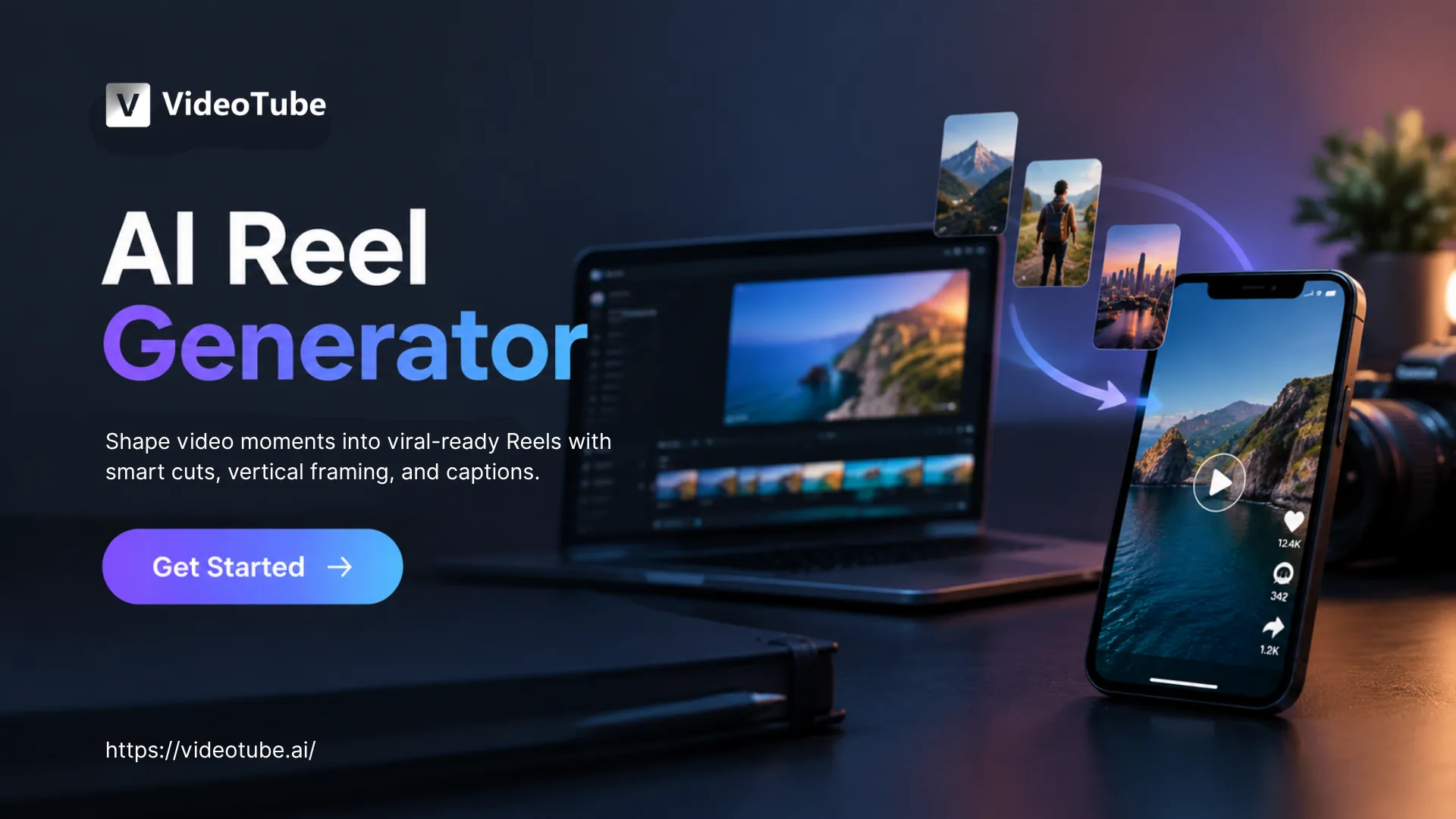 AI Reel Generator turning long footage into captioned vertical Reels