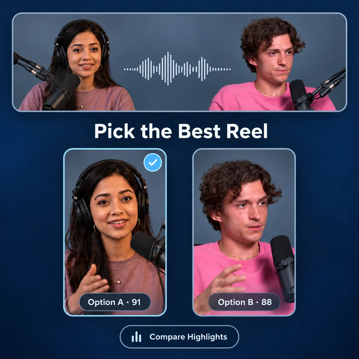 Creator's long recording analyzed into multiple Reel previews with different hooks and captions
