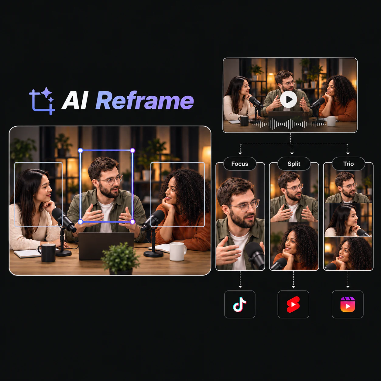 Podcast speakers kept visible in a vertical frame with AI Reframe