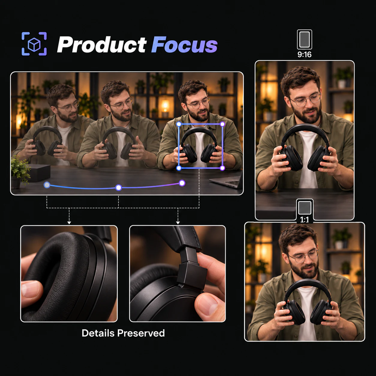 Moving product demonstration kept in focus by AI Reframe