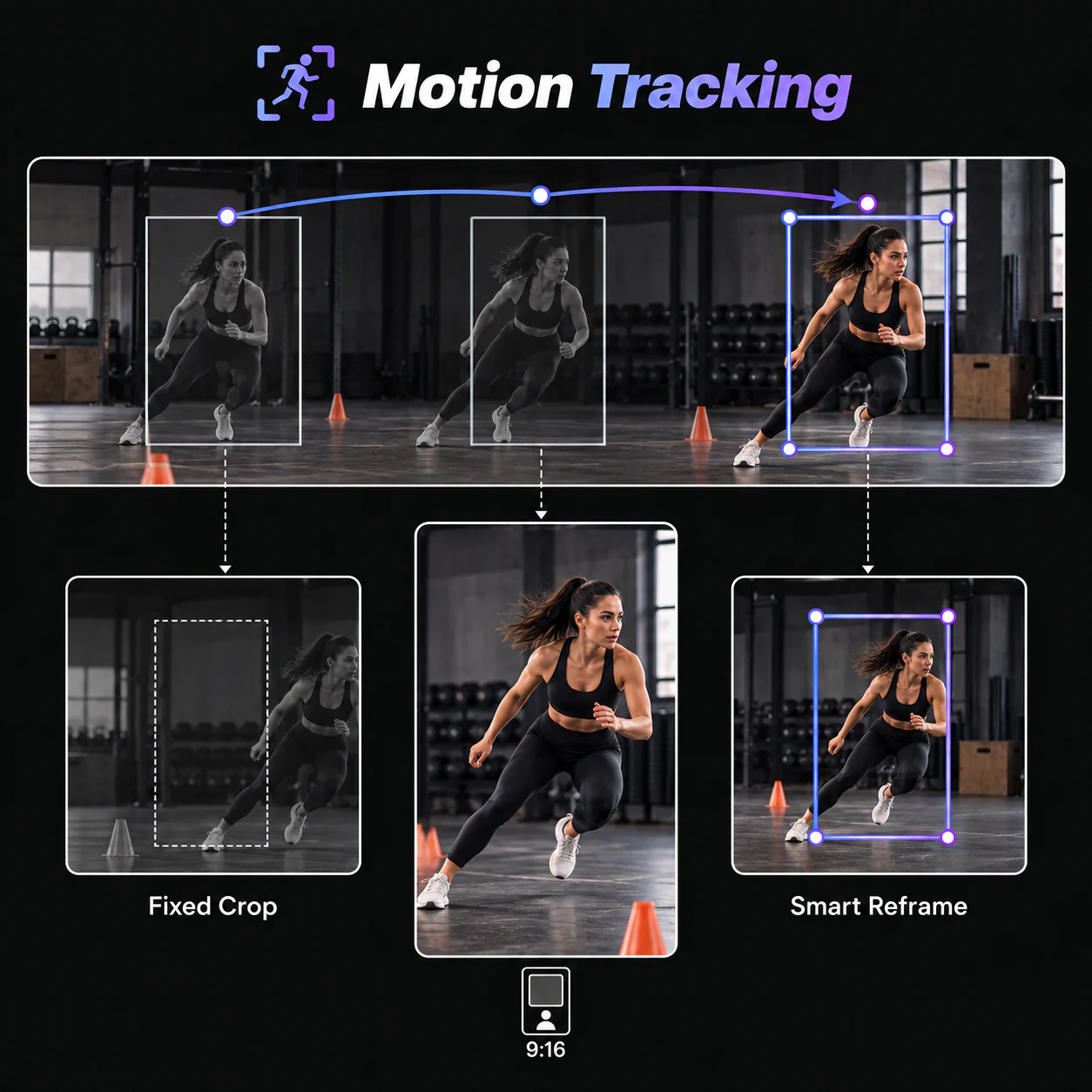 Sports action followed inside a vertical social video