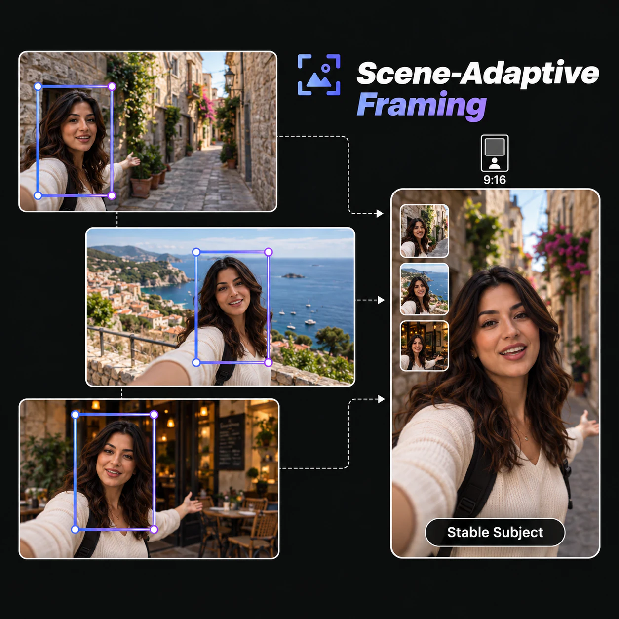 Travel vlogger kept in frame through changing scenes