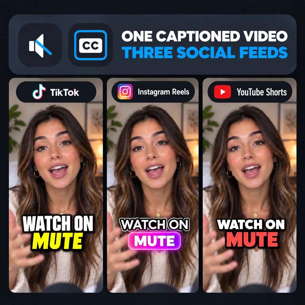 Social short with legible captions during muted playback
