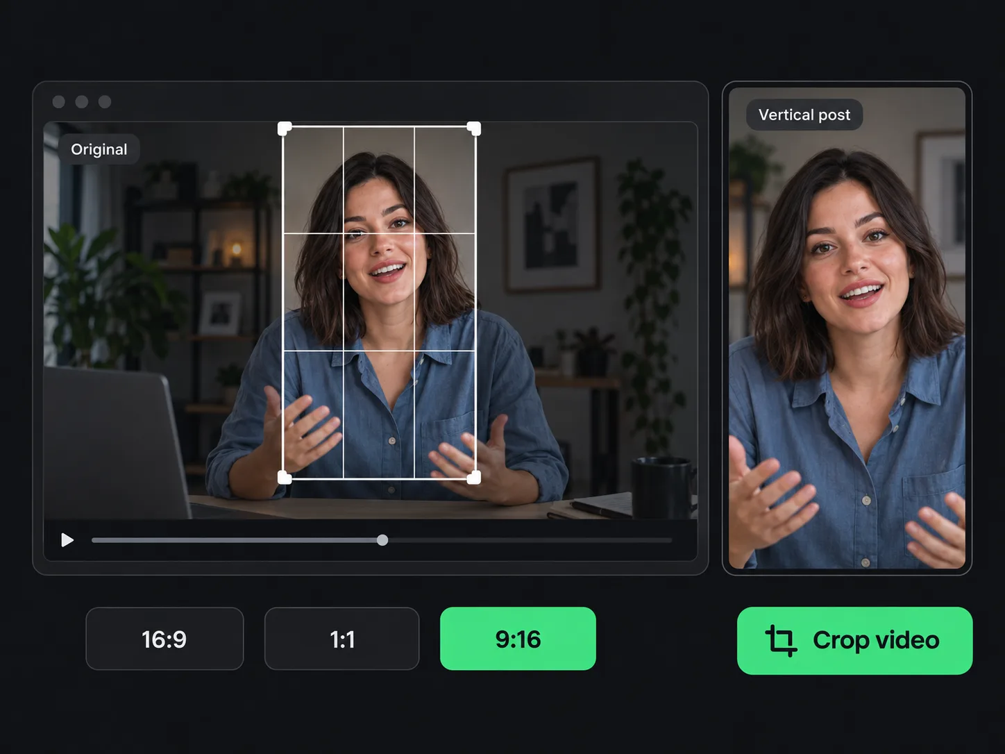 Video reframed for a vertical social post